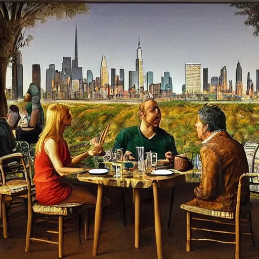 Prompt: The land art shows four people sitting in a diner late at night. The people in the land art look tired and lonely. The land art is set in New York City and shows the city's skyline in the background. cheetah print by Frederick Sandys, by Andreas Franke ghastly