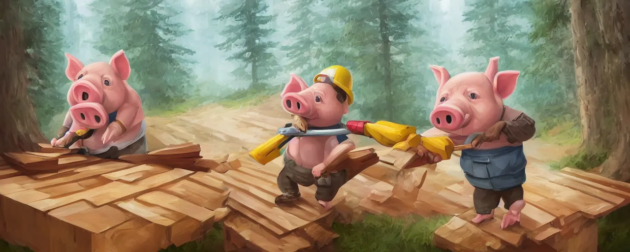 Prompt: a cartoonish cute anthropomorphic pig is hammering a wood pallet in a house construction site, a mystical forest full of wonders, pine trees, magical atmosphere, trending on artstation, 30mm, by Noah Bradley trending on ArtStation, deviantart, high detail, stylized portrait H 1280