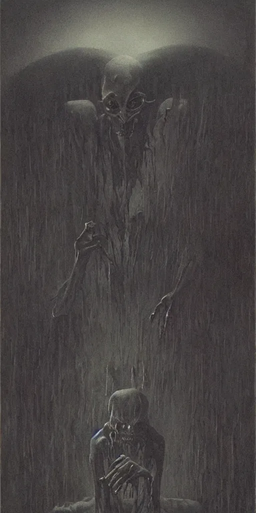 Prompt: demonic alien with long fingers at the foot of the bed in a dark room, tombstones, cows, Beksinski