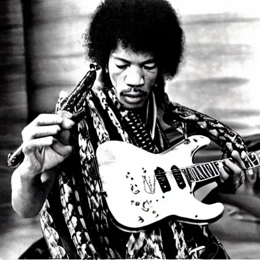 Image similar to jimi hendrix playing a guitar made of a big snake, color photo, cinematic