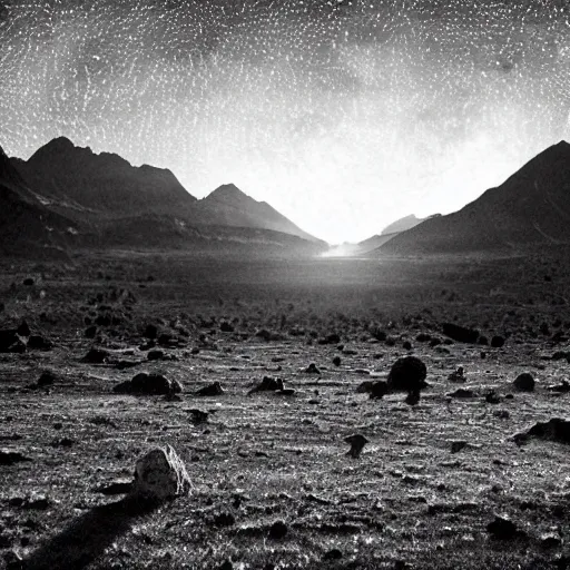 Image similar to aliens invading earth in the style of ansel adams, black and white, old, master photography