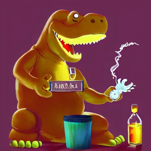 Image similar to barney the dinosaur from kids show drinking whisky and smoking a cigar, portrait art by, digital art, trending on artstation