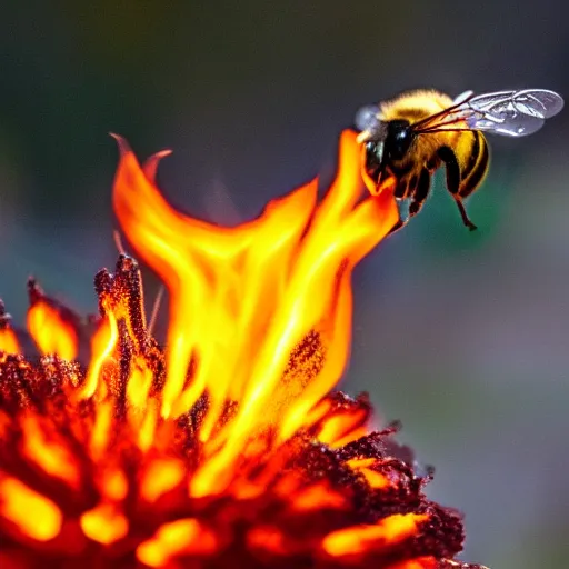 Prompt: a bee landing on a burning flower, the background is on fire, beautiful macro photography, perfect focus, nice composition