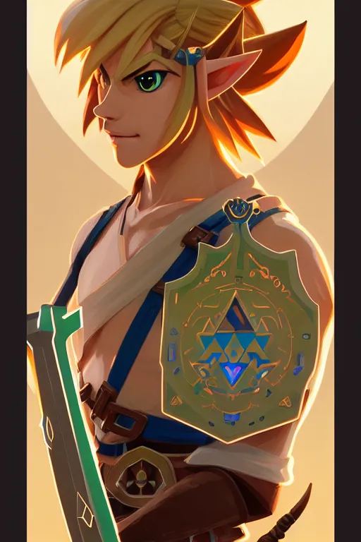 Image similar to symmetry!! portrait of link from ocarina of time in the style of breath of the wild, ancient machine parts embedded into arm, intricate, elegant, highly detailed, digital painting, artstation, concept art, smooth, sharp focus, illustration, art by artgerm and greg rutkowski and alphonse mucha, 8 k