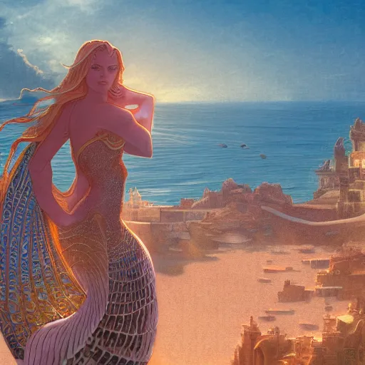 Image similar to establishing shot of atlantis, buildings made of shells with arabic patterns, modern mermaid standing on top of the hill against the morning sun, cinematic composition, mucha, artstation