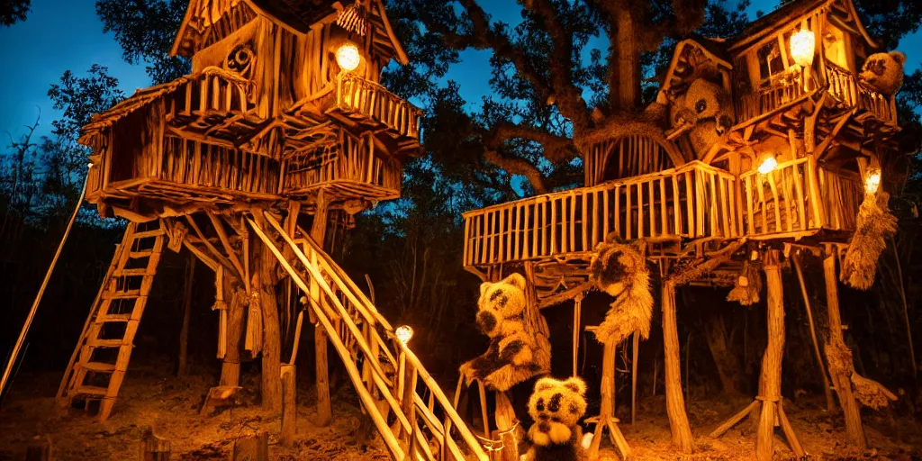 Prompt: intricate treehouse village, fuzzy warrior bears in handmade clothes, bones of the enemy in background, warm torchlight glow, wooden pathways with handrails,
