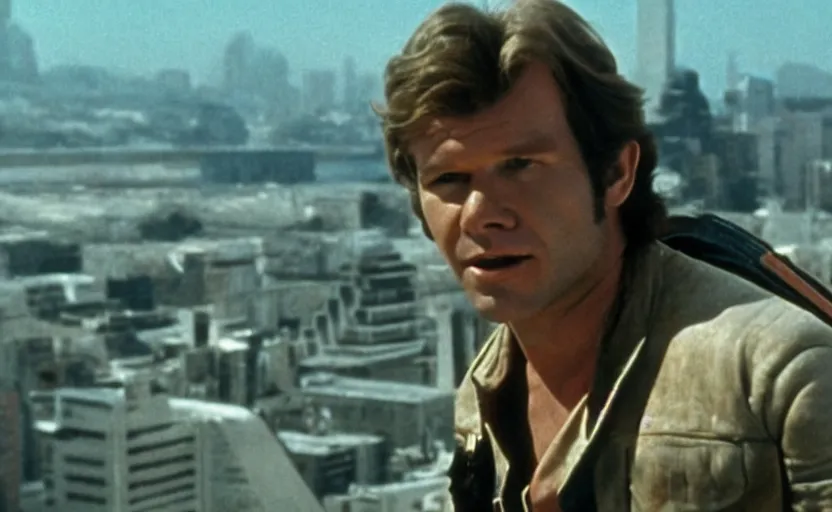 Prompt: screenshot portrait of Han Solo on a city cliff, cinematic scene from 1970s film by Stanley Kubrick, iconic, retro design, serene, stunning cinematography, hyper-detailed, sharp, anamorphic lenses, kodak color, 4k, stunning