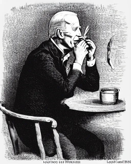 Image similar to illustration of joe biden eating a can of baked beans from the dictionarre infernal, etching by louis le breton, 1 8 6 9, 1 2 0 0 dpi scan