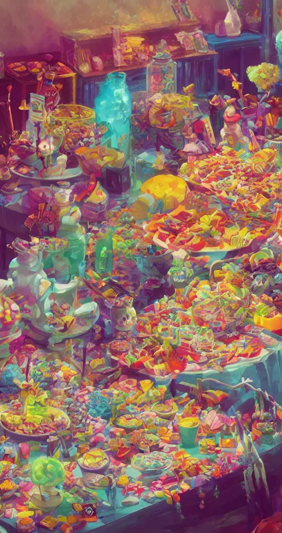 Prompt: A table full of candy, vibrant colors, optimistic colors, vivid, fun, by Studio Ghibli and Greg Rutkowski