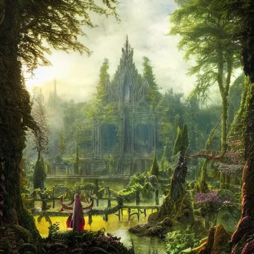 Image similar to a beautiful and highly detailed matte painting of a elven temple in a magical fantasy garden in a lush forest, elk, deer, intricate details, epic scale, insanely complex, 8 k, sharp focus, hyperrealism, very realistic, by caspar friedrich, albert bierstadt, james gurney, brian froud,