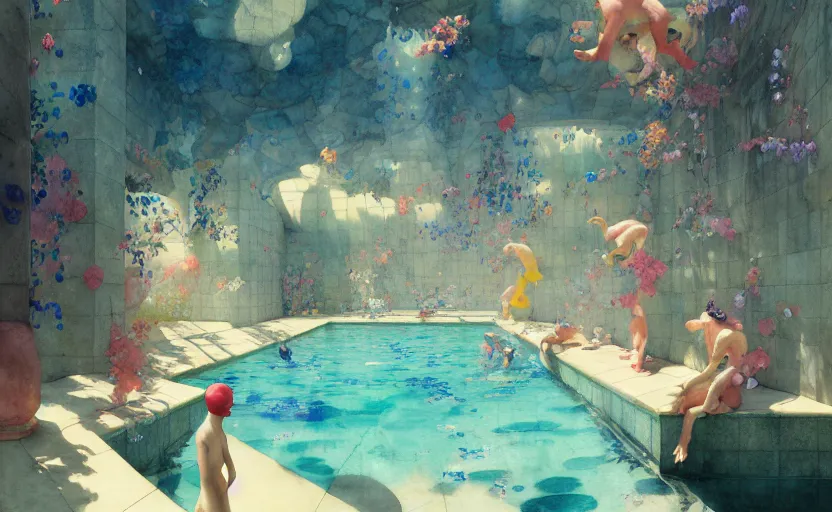 Image similar to swimming pool, fantasy. intricate, amazing composition, colorful watercolor, by ruan jia, by maxfield parrish, by marc simonetti, by hikari shimoda, by robert hubert, by zhang kechun, illustration, gloomy