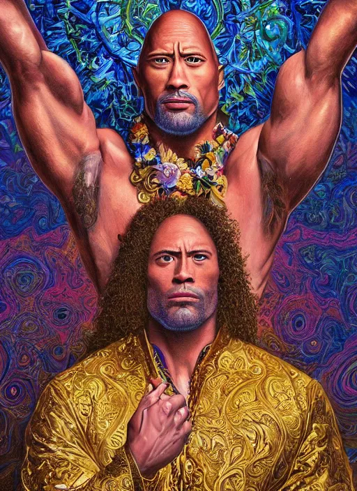 Prompt: beautiful oil painting, portrait of Dwayne the rock Johnson as Louis xiv in coronation robes 1701, Dan Mumford, dan Mumford, Dan Mumford, Alex grey, Alex grey, lsd visuals, dmt fractal patterns, entheogen, psychedelic, hallucinogen, coherent, highly detailed, ornate, vaporwave