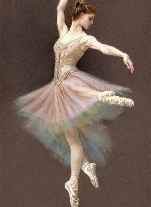 Image similar to a beautifull intricate pencil painting of a dancing ballerina, reflexions, verry high details by william turner art, greg rutkowski and alphonse mucha, trending on artstation, very very detailed, masterpiece, muted colors