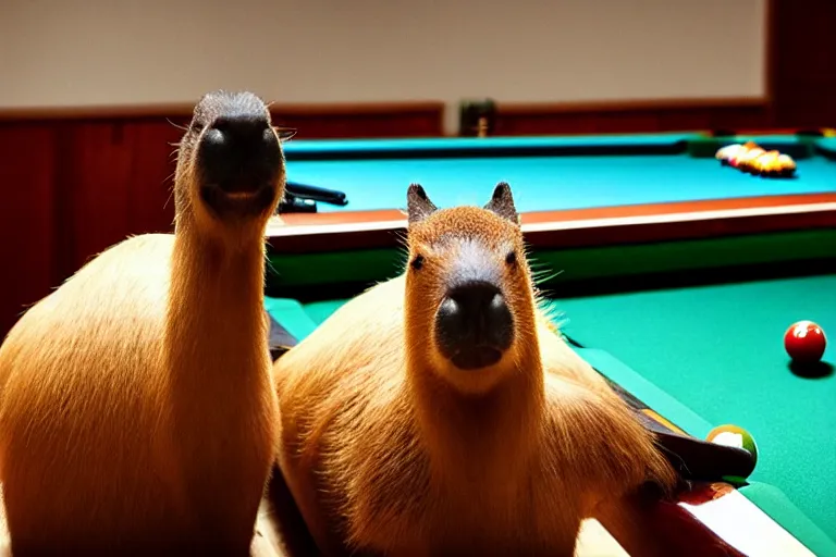 Image similar to capybaras sitting at pool table contemplating life and smoking cigars