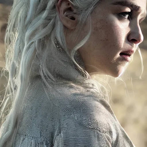 Image similar to a beautiful close - up shop of emilia clarke as daenerys targarien, beautiful natural light failling on her face, golden hour, by annie leibowitz