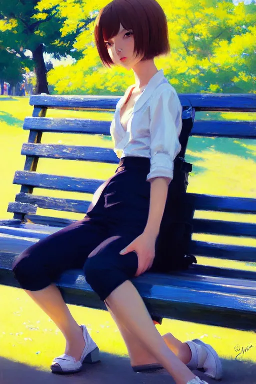 Prompt: A ultradetailed beautiful panting of a stylish girl siting on a park bench, bright sunny day, Oil painting, by Ilya Kuvshinov, Greg Rutkowski and Makoto Shinkai