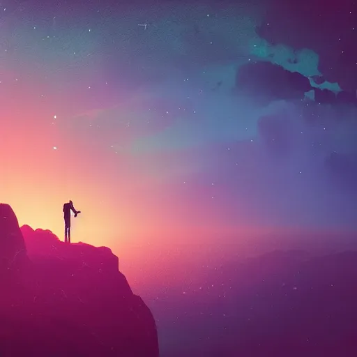 Prompt: a man standing on a cliff looking at the stars in the sky, a matte painting by alena aenami, unsplash, space art, outrun, synthwave, retrowave