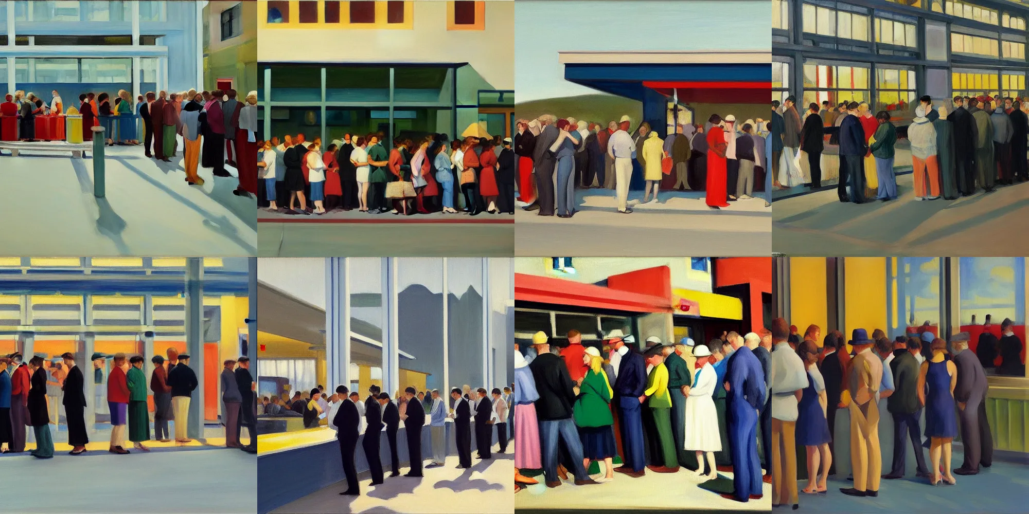 Prompt: people waiting in line at IKEA, Edward Hopper, oil painting