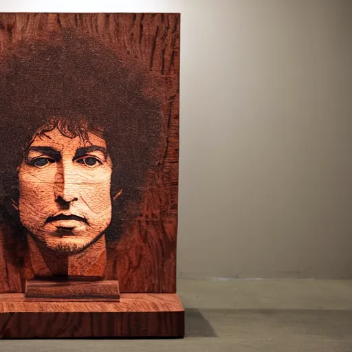 Prompt: accurate portrait of a bob dylan, symmetrical face, carved out of red oak wood on a pedestal by stephan balkenhol, geometric, dramatic lighting, artsy, 8 k