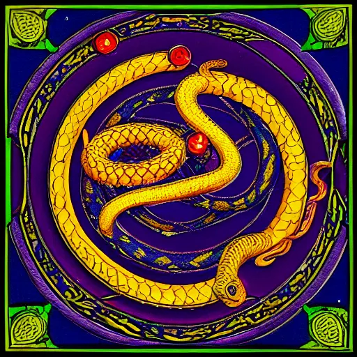 Prompt: a snake biting itself in the center of a tarot card with intricate details in the frames, symmetry, golden ratio, arab letters, colors: yellow, blue, violet, red, green, 4k, high quality render.