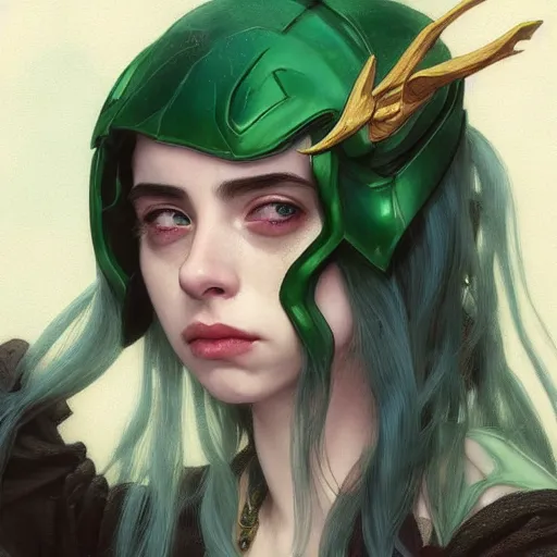 Image similar to Billie Eilish as Female Loki, very detailed, digital art, trending on artstation, concept art, smooth, illustration, art by artgerm and greg rutkowski and alphonse mucha and J. C. Leyendecker and Edmund Blair Leighton and Katsuhiro Otomo and Geof Darrow and Phil hale and Ashley wood