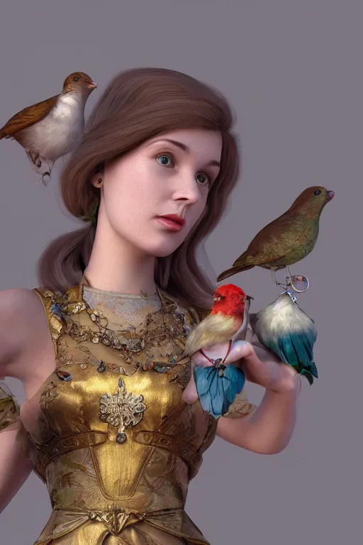 Image similar to zoom in 3 d render of english princess holding birds, ornaments, church, altar, dieselpunk, solarpunk, artstation, andrei riabovitchev