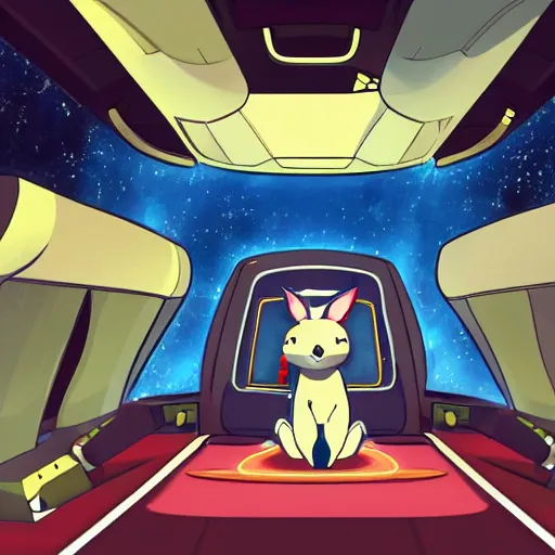 Image similar to an anthropomorphic kangaroo in a spaceship, interior photo, anime style, futuristic, cell shading high resolution