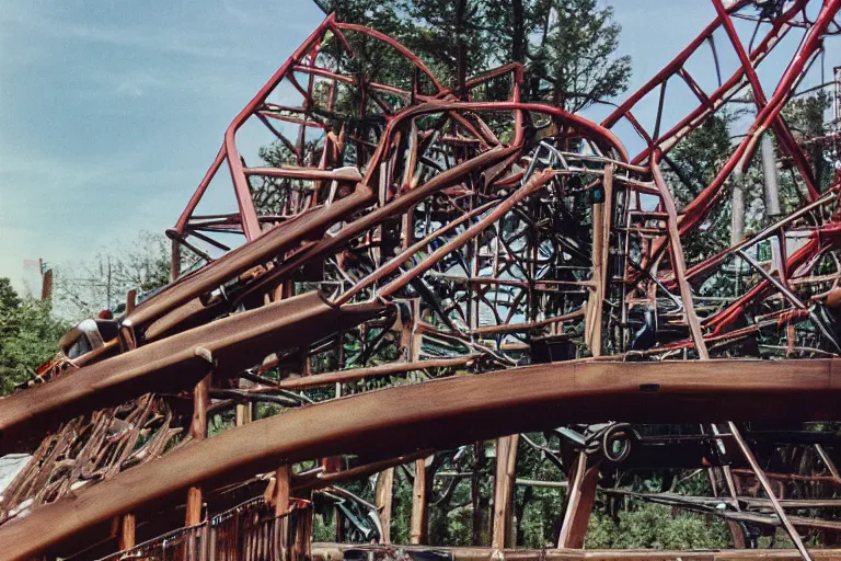 Prompt: a 1 9 6 6 pontiac gto jumping over shivering timbers rollercoaster, first - person perspective, fujifilm quicksnap 4 0 0 photography