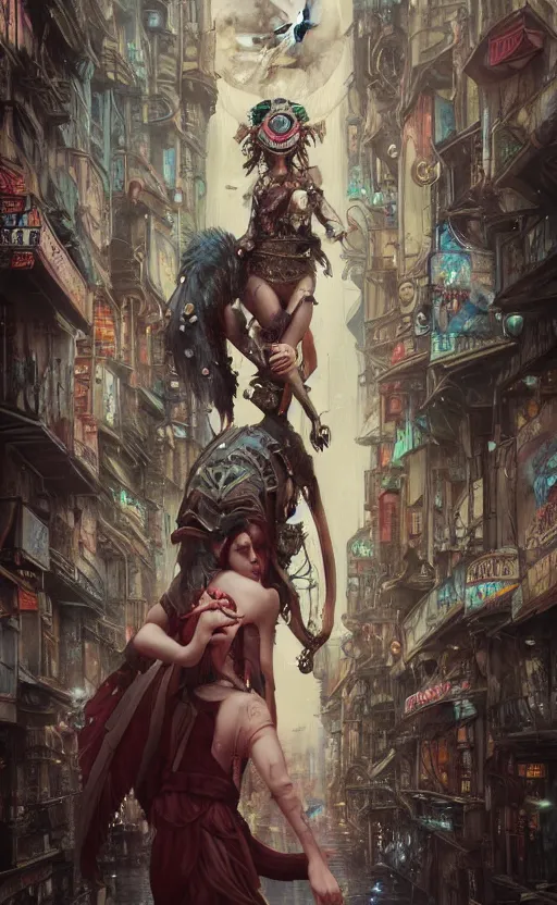 Image similar to hyper realistic Princess Mononoke, ornate mask magic, wet market street, cyberpunk metropolis, city landscape, jewels, full body pose, full moon, crowded streets, style of tom bagshaw, mucha, james gurney, norman rockwell, denoised, sharp