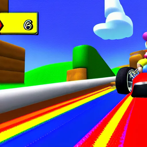 Prompt: thor on rainbow road, mario kart 6 4 screenshot, low poly, aliased