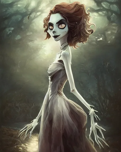 Prompt: elegant mysterious gracious undead victoria everglot from the corpse bride, portrait, illustration, the land of the death, skeletal hand, rim light, top light, summer clear blue sky, perfectly shaded, soft painting, art by krenz cushart and wenjun lin