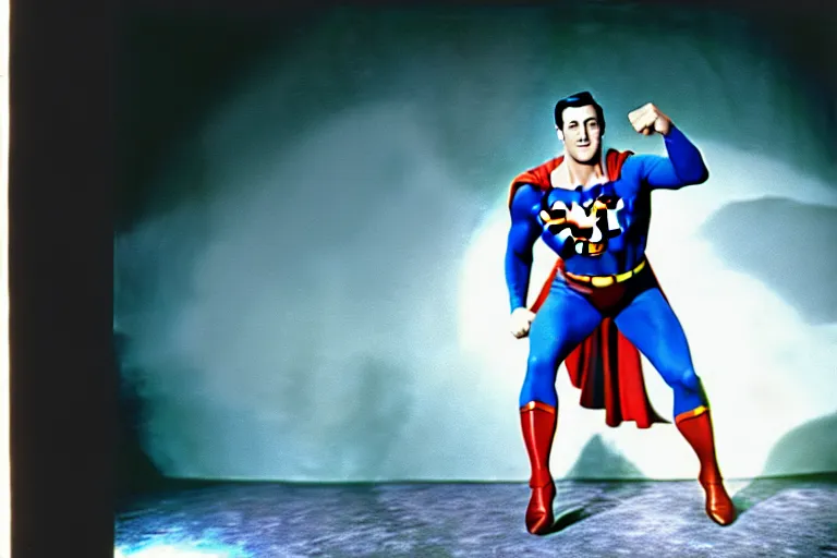 Image similar to rock hudson playing superman in, superhero, dynamic, 3 5 mm lens, heroic, studio lighting, in colour