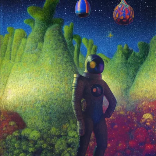 Image similar to psychedelic lush pine forest, space man, astronaut, outer space, milky way, designed by arnold bocklin, jules bastien - lepage, tarsila do amaral, wayne barlowe and gustave baumann, cheval michael, trending on artstation, star, sharp focus, colorful refracted sparkles and lines, soft light, 8 k 4 k