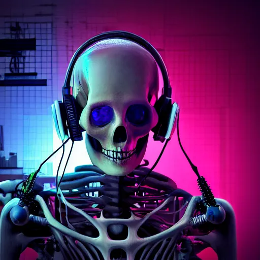 Image similar to cyberpunk skeleton with headphones playing synthesizer, smoke, lights, lasers, highly detailed, realistic, technology and magic,