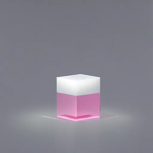 Image similar to an ultra high definition professional studio quality photograph of a transparent perspex cube shaped pastel coloured ashtray on a white plinth in an empty white room. dramatic lighting, ray tracing, refraction, shallow d. o. f, colour corrected, golden ratio, three point light.
