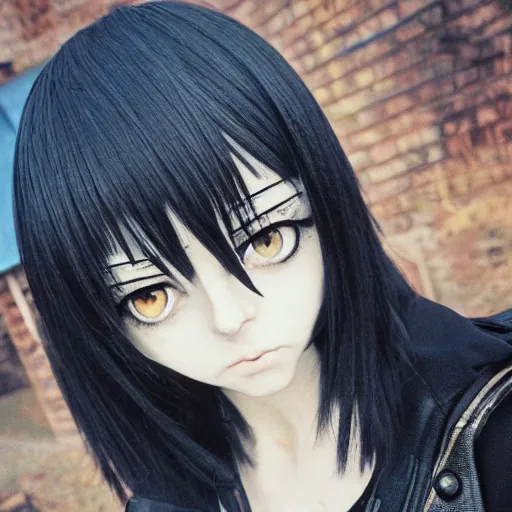 Image similar to 1 7 - year - old anime goth girl, black hair, long bob cut, long bangs, gothic coat, long bangs, united kingdom, rainy day, small town, midlands, english village, street scene, ultra - realistic, sharp details, cold lighting, blue and gray colors, intricate details, subsurface scattering, hd anime, 2 0 1 9 anime