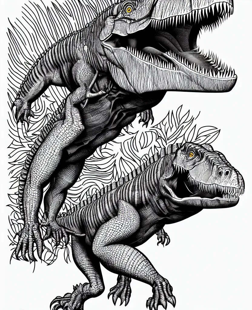 Image similar to tyrannosaurus rex, symmetrical, accurate, simple clean lines, black and white, coloring book, comic book, graphic art, line art, vector art, by martina matteucci, pavel shvedov, peter lundqvist, diane ramic, christina kritkou, artstation