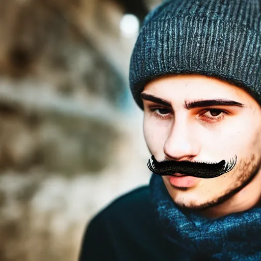 Image similar to a portrait of a 19 year old italian man. he has a mustache, and a beanie on.