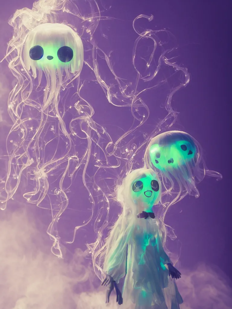 Image similar to cute fumo plush smiling ectoplasmic gothic macabre shiny jellyfish ghost girl, glowing wisps of hazy smoke, lens flare, vignette, refraction, vray