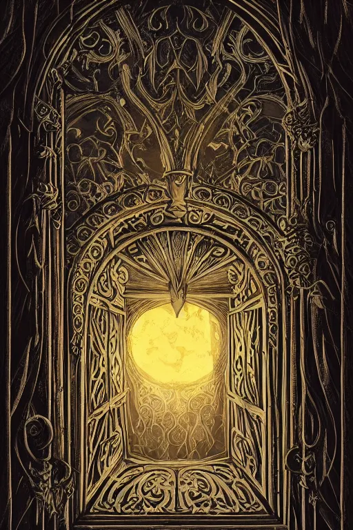 Image similar to ancient silver tower of the moon, fairytale illustration, elaborate carved wood balconies, tall windows, formal gardens, dramatic cinematic lighting, beautiful moths, soft colors, golden age illustration