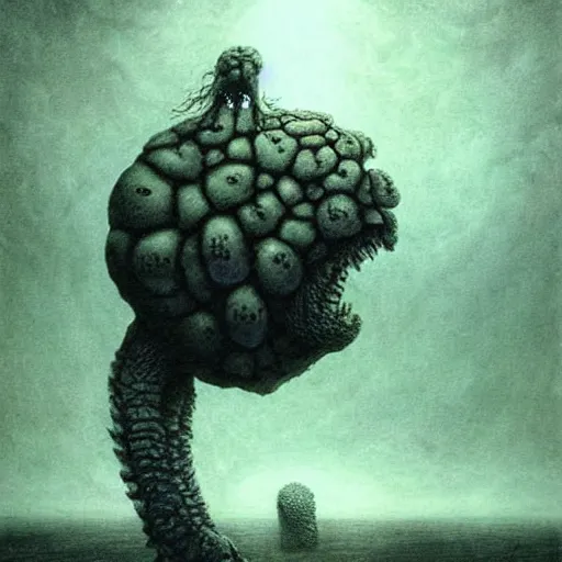 Prompt: 🐢🎉🌠 beksinski, eldritch, apocalypse, creepy creature, horror spooky