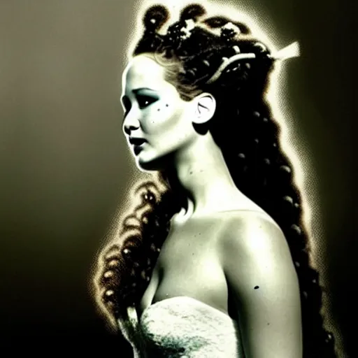 Image similar to jennifer lawrence as the bride of frankenstein, relistic,