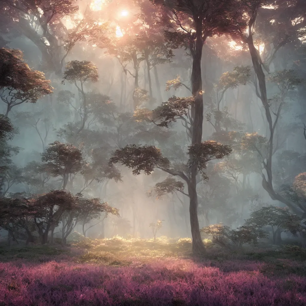 Image similar to fantasy with earth forest and meadow magic, at gentle dawn pink light, cinematic lighting, volumetric lighting, smooth, sharp focus, highly detailed, render in unreal engine 5, artstation, deviantart, behance, trending,, epic composition, hd, octane, unreal engine, volumetric lighting, light rays, masterpiece, award - winning