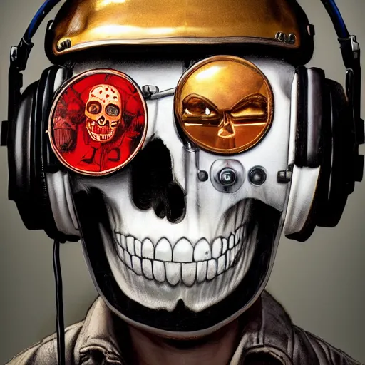 Image similar to a portrait of an anthropomorphic vintage skull in a racing helmet by sandra chevrier, detailed render, tape deck, boombox, headphones, epic composition, cybernetics, 4 k realistic, cryengine, realistic shaded lighting, sharp focus, masterpiece, by matteo scalera, gary montalbano, peter elson in the style of the tokyo ghost comic