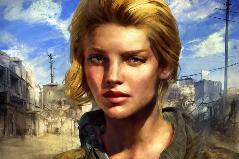 Image similar to fallout 5, charismatic beautiful rugged blonde female protagonist, portrait, outdoors european cityscape, atmospheric lighting, painted, intricate, volumetric lighting, beautiful, daytime, spring, sunny weather, few clouds, sharp focus, deep colours, ultra detailed, art by william turner