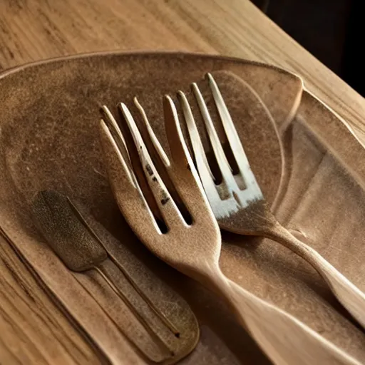 Image similar to a fork made of sand, realistic, ultra high detail, the fork is on a plate, the plate is on a wooden table.