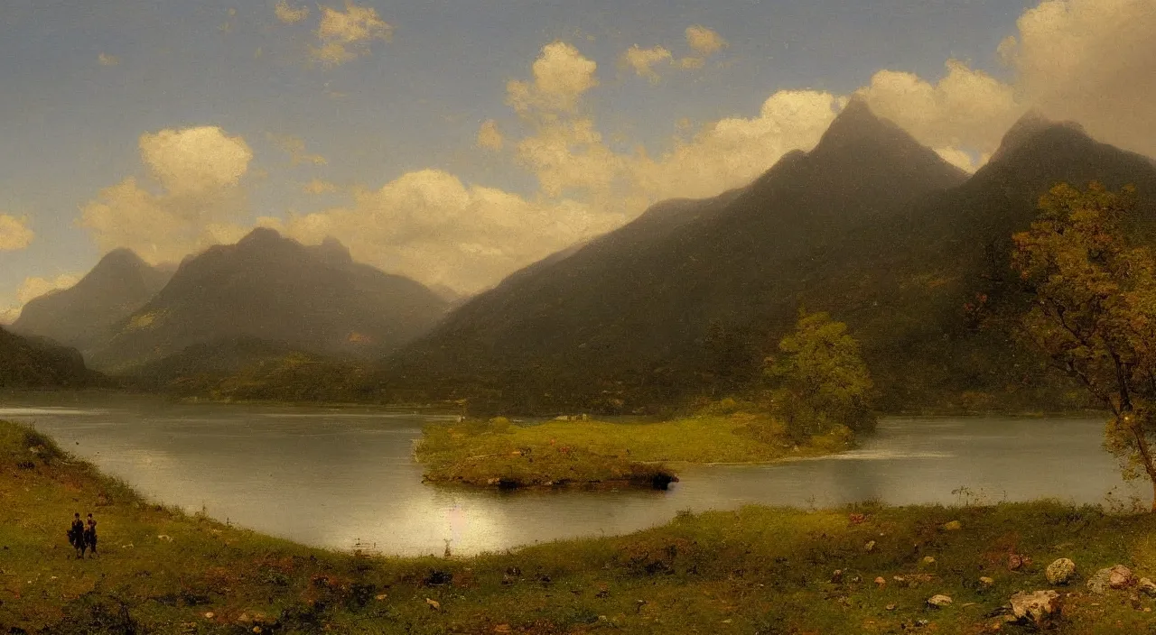 Prompt: An ultradetailed, digital-art, 4k-concept-art-wallpaper, Mountains in the background by George Inness, Lake around