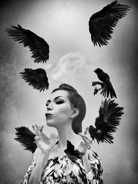 Image similar to portrait of iconic beautiful woman in sophisticated black dress keeping in hands white birds that flying apart turning to smoke and fire and dust. chaotic maximalistic surreal composition, 35mm double-exposure photo, thick fog, daylight, deep shadows, depth of field, cinematic lightning, wide angel, eerie atmosphere, motion blur, HD, smooth and very detailed quality, masterpiece, volumetric lightning, chromatic aberration, Richard Avedon, style of Ade Santora, Tatiana Gorilovsky, cinematic composition, occult, german expressionism, masterpiece, intricate detailed, deep rich palette, wide angel shot