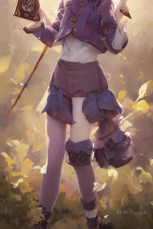 Image similar to Full View portrait of Eunha and other girls from Viviz and gFriend wearing a purple military uniform and short puffy pants, white leggings, Golden Ribbon, and a billowy scarf making a cute pose. masterpiece 4k digital illustration by Ruan Jia and Mandy Jurgens and Artgerm and greg rutkowski, award winning, Artstation, art nouveau aesthetic, Alphonse Mucha background, intricate details, realistic, panoramic view, Hyperdetailed, 8k resolution, intricate art nouveau