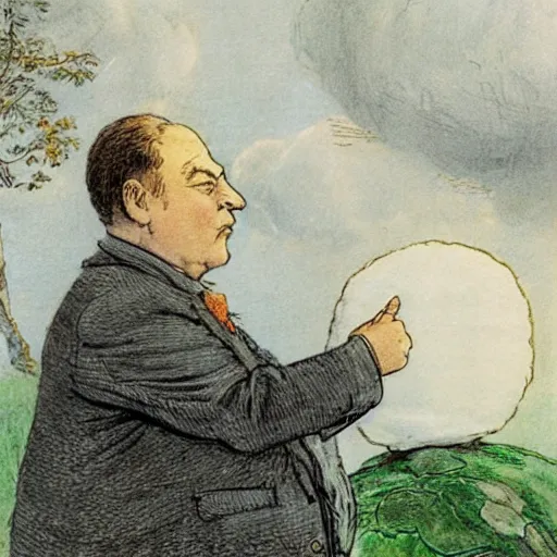 Prompt: candid portrait of white ball face speaking, surrounded by clouds, illustrated by peggy fortnum and beatrix potter and sir john tenniel